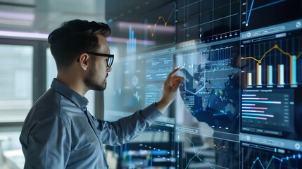 Businessman interacts with interactive data displays on large touchscreens.