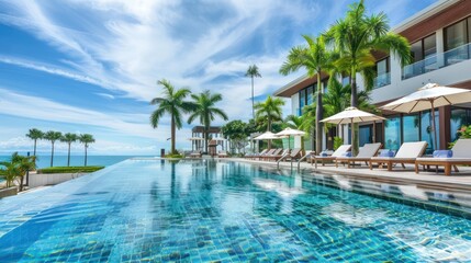 A luxurious infinity pool with palm trees and a house in the background.