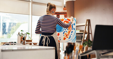 Painting, woman and creative for artwork, studio or craft with color for canvas, talent and...