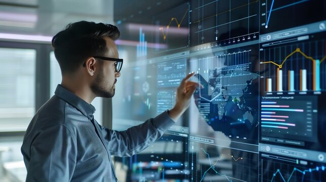 Businessman interacts with interactive data displays on large touchscreens.