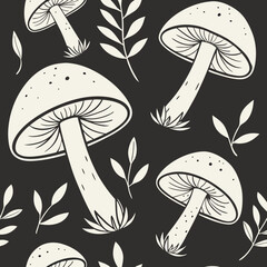 Seamless pattern of stylized mushrooms and leaves on a dark background