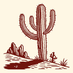 Rustic Red Ink Drawing of a Tall Saguaro Cactus in a Desert Landscape