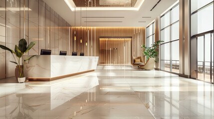 Fototapeta premium A modern, spacious lobby with a marble floor and wooden accents.