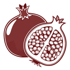 Stylized Pomegranate Duo Whole and Halved with Seed Detail in Maroon