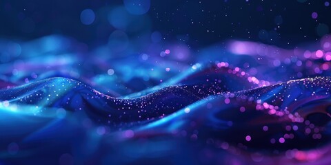 A vibrant, abstract digital wave with a gradient of blue and purple hues, featuring a mix of sparkling particles and a blurred background.
