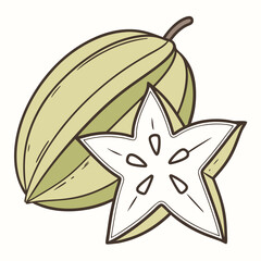 Stylized Star Fruit Illustration Whole and CrossSectional View with Defined Outlines