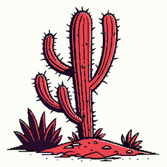 Stylized Red Cactus with Yellow Highlights and Dark Purple Bush Illustration