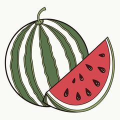 Stylized Watermelon with Slice Green Stripes and BlueOutlined Seeds