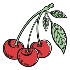 Three Ripe Red Cherries with Green Leaves and Stems