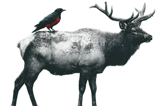 An elk with a black and red bird on its back, transparent background - Powered by Adobe