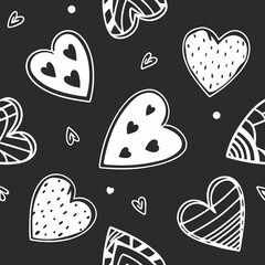Whimsical Black and White Heart Pattern with Decorative Outlines and Details