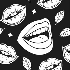 Whimsical Black and White Pattern of Open Mouths Lips and Leaves