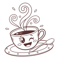 Winking Coffee Cup Cartoon with Steam and Spoon on Saucer Illustration