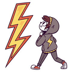 Youthful Figure Contemplating a Giant Stylized Lightning Bolt