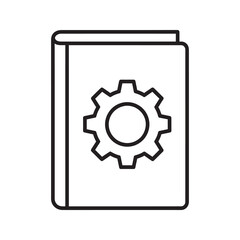 User manual guide book with a gear icon representing instruction for settings configuration and technical support for system development