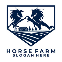 Farm badge logo with Horse head and view mountain and field farm vector