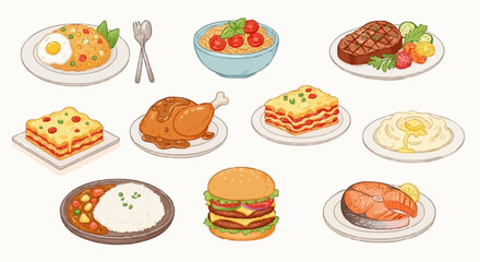 Vector with brush strokes on the theme of funny main meals