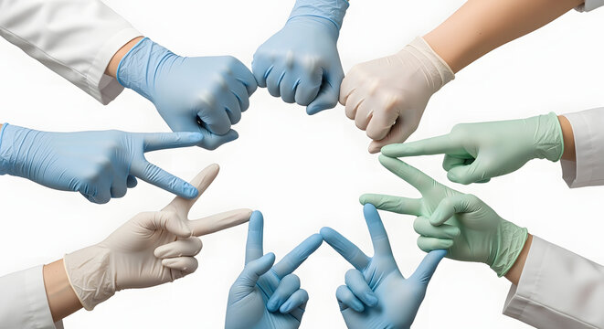 A collaborative group of medical professionals with hands in sterile gloves symbolizing teamwork and unity.