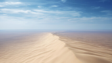 Aerial view, vast empty desert, smooth sand, blue sky, tranquil, natural landscape, sunlight