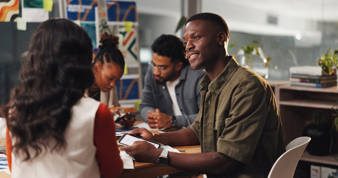 Creative, meeting and people with discussion in office for logo design, campaign brief and planning. Digital agency, teamwork and graphic designer with research feedback, brand development and ideas