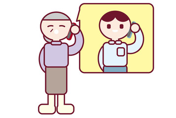 家族と電話をするおばあさんのポップでシンプルなイラスト