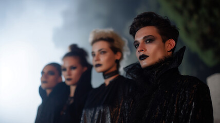 Group of vampires in avant garde fashion, dramatic makeup, dark clothing, mysterious mood, night setting
