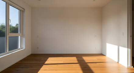 Fototapeta premium Interior of a bright, empty room in a modern house with hardwood floors and natural sunlight from a large window