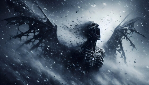 A skeletal angel with moth-eaten wings in abandoned church, Ai generated image