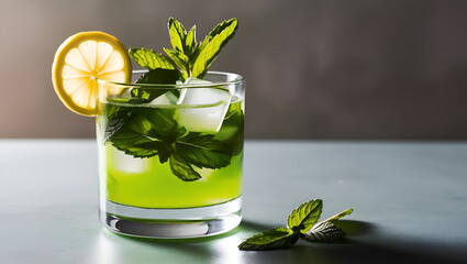 Refreshing mint mojito served in a clear glass with lime and ice, set against a dark textured backdrop