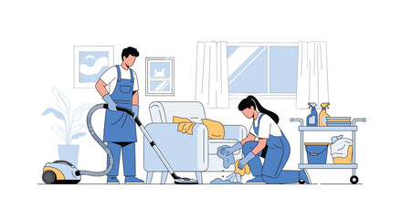 Professional cleaning team attending to residential interior spaces with specialized equipment and utensils