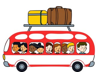 Diverse group of children and luggage on a red school bus ready for a trip