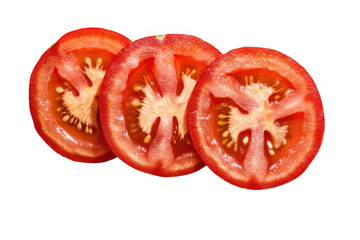 Three fresh red tomato slices arranged in a row isolated on transparent background