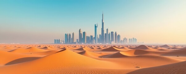 Dubai desert panorama, modern skyline backdrop, arid, modernity