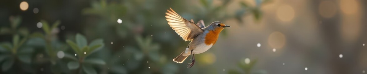 Fototapeta premium European Robin in flight, wings spread wide, frozen moment, wings, perspective, garden
