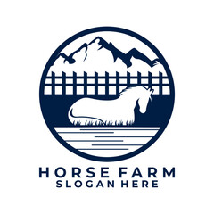 Horse with view on circle logo design vector. Farm logo design icon. Horse Farm logo