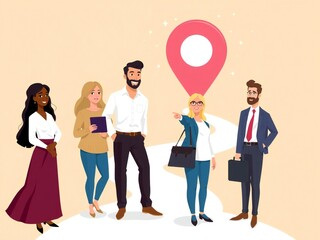 Diverse group of people gathered under a large red location pin