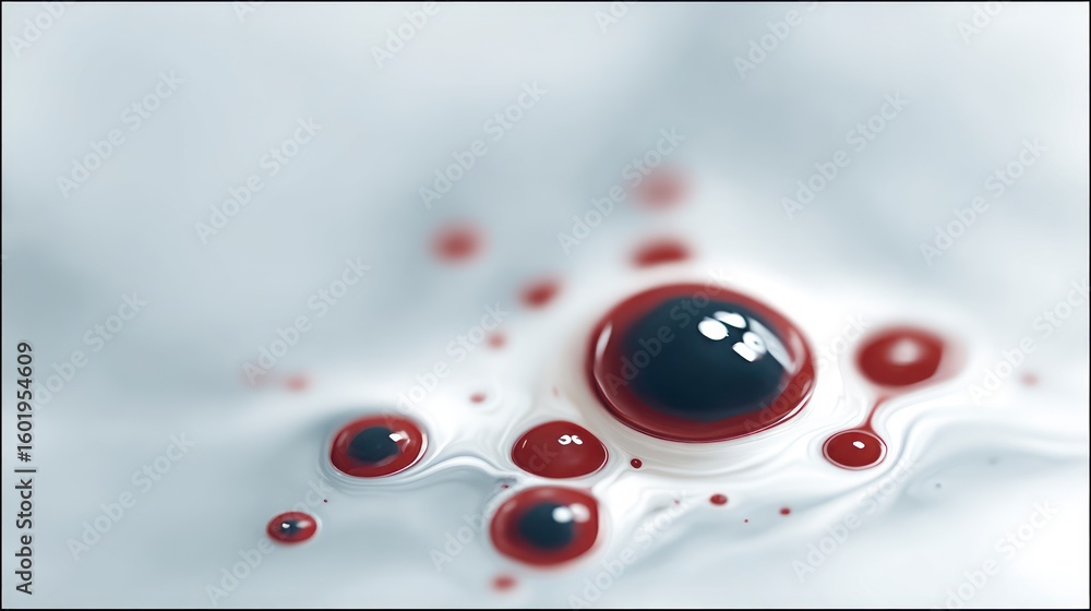Poster macro view of red and dark liquid droplets with reflections on a smooth white surface