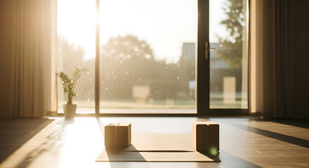 Sunlit yoga studio interior with blocks and mat ready for practice.