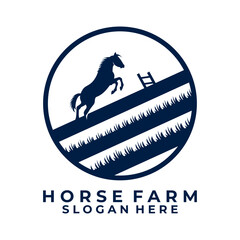 Horse running on the field in circle shape. Farm Horse label logo design vector