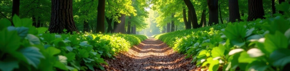 Obraz premium Narrow, earthy trail meanders beneath a canopy of leaves , leaves, autumn