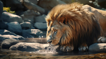 Obraz premium The Crown of the Wild. Roar of Royalty. A lion drinking water from a lake.