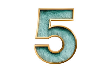 Furry Turquoise Number Five with Gold Frame on Transparent Background