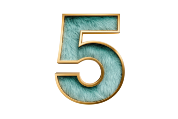 Furry Turquoise Number Five with Gold Frame on Transparent Background