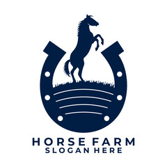 Farm house logo design with Horse standing and horseshoe vector