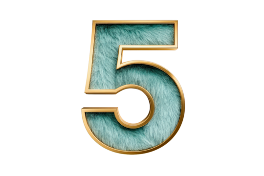 Furry Turquoise Number Five with Gold Frame on Transparent Background