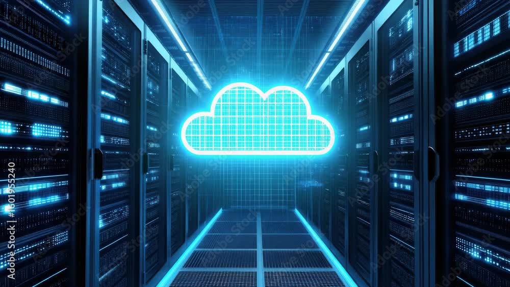 Aufkleber futuristic cloud computing data center with glowing cloud icon and server racks