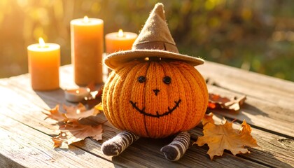Adorable plush pumpkin doll with stitched smile and button eyes, wearing a small witch hat and socks, sitting on a rustic table with candles,  autumn leaves. Perfect for a greeting card or poster.