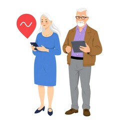Elderly couple using smart devices with health monitoring heart icon