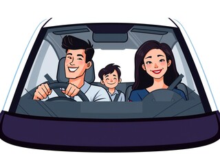 Happy family of three enjoying a car ride together