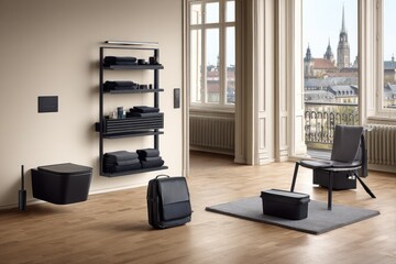 Modern black bathroom design with travel accessories. A minimalist bathroom features a black wall-mounted toilet, shelf unit, and travel bag, set against hardwood floors and a panoramic city view